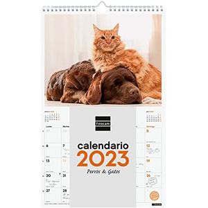 Finocam - Kalender 2023 spiraal wandafbeeldingen om te schrijven januari 2023 - december 2023 (12 maanden) honden en katten Spaans