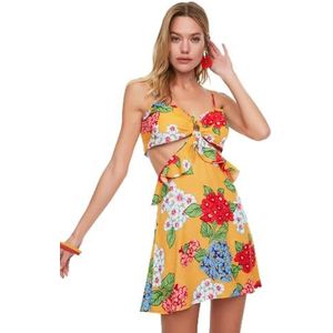 Trendyol Dames bloemenpatroon uitgesneden gedetailleerde viscose strandjurk jurk, geel, 34