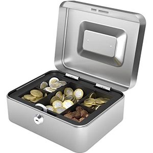 ACROPAQ Geldkistje - Compacte geldkist met sleutel, 20 x 16 x 9 cm, Metaal - Geldkluis - Zilver