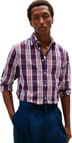 Tommy Hilfiger Heren Flex POPLIN Medium Geruit Shirt MW0MW41712 L/S Shirt, Blauw, XS, Blauw (Preppy Navy/Check), XS