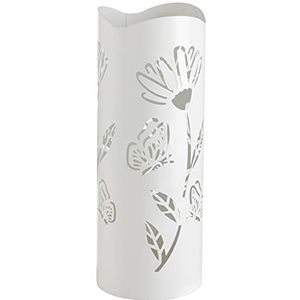 Baroni Home Parapluhouder modern design parapluhouder van metaal met bloemen en vlinders, wit met 2 haken en afneembare regencontainer 19 x 19 x 49 cm (wit)
