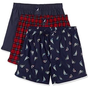 Nautica Men's Classic Cotton 3-Pack Woven Boxer, Peacoat/Winter Plaid-Red/Holiday Sailboats-Peacoat, Small