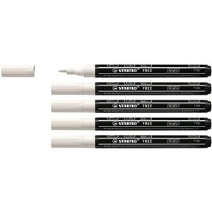 Acrylmarker - STABILO FREE Acrylic - T100 Ronde Punt 1-2mm - 5 stuks - wit