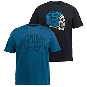 JP 1880 Heren, pak van 2, halflange mouwen, doodshoofd print T-shirt, middelblauw, XXL, blauw, XXL