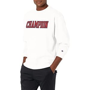 Champion Powerblend Fleece Crew, Block Logo hemd voor heren, Wit/New Ripe Red Block Outline, L