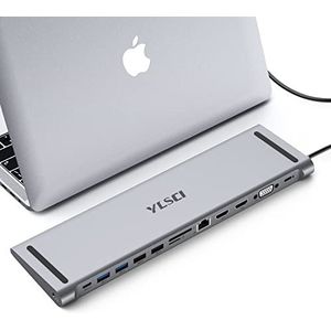 YLSCI 13-in-1 dockingstation voor laptop, USB C-hub 4K HDMI x 2, VGA x 1, USB 3.0 x 2, USB 2.0 x 2, SD/TF-Karten, Gigabit-Ethernet RJ45, Audio, Typ-C, PD2.0 voor meer type-c apparaten