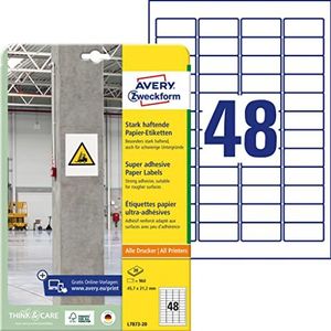 AVERY Zweckform L7873-20 Sterk hechtende etiketten (960 stickers, 45,7 x 21,2 mm op A4, extreem sterk zelfklevend, ook voor moeilijke oppervlakken, bedrukbare Power zelfklevende etiketten), 20 vellen,