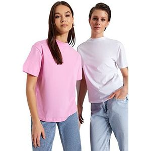 Trendyol Dames Basic Regular Standard Crew Neck Knit T-Shirt, Wit/Roze, L