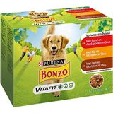 Bonzo Adult Hondenvoer Maaltijdzakjes Natvoer, met Rund & Aardappelen, Kip & Wortelen, Lam & Wortelen In Saus 12 X 100g - Doos van 4 (48 Maaltijdzakjes; 4,8kg)