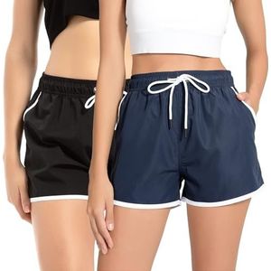 riemot Zwemshort voor dames, zomerzwembroek met verstelbaar trekkoord, strandshorts voor dames, met mesh, voor surfen, zwembad en vakantie, zwart, maat S, zwart en marineblauw, S