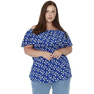 Trendyol Vrouwen Plus Size Regular Off-Shoulder Carmen Kraag Geweven Plus Size Blouse, Blauw, 70 grote maten