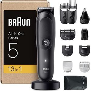 Braun AIO5565 All-in-One Series 5, 13-in-1 multigroomer, tondeuse voor gezicht, hoofd en lichaam, baardtrimmer, neushaartrimmer, 120 minuten accu, 14 lengtes (3-21 mm), waterdicht, zwart