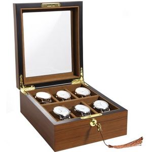 Uten Horloge Box 6 vakken, hoge kwaliteit massief houten horlogekast, horloge display opbergdoos met gouden slot en sleutel, verwijderbare horlogekussens, imitatie suède voering, cadeau-idee voor