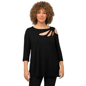 Ulla Popken Dames grote maten plus size shirt, cut-outs, A-lijn, boothals, 3/4-mouw 805091, zwart, 58-60