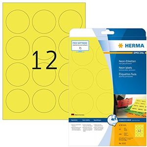 HERMA Self Adhesive Coloured Labels, 12 Labels Per A4 Sheet, 240 Labels For Printers, Round, Neon-Yellow, Ø 60 mm (5152)