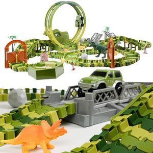 CELMAN Dinosaurus Racebaan - Flexibele Racebaanset voor Kinderen, Creatief Dino Speelgoed met Veel Onderdelen en Terreinwagen - Educatief Constructiespeelgoed voor 3 4 5 6 7 8 Jaar