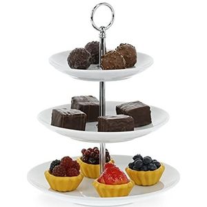 Relaxdays Etagère 3-laags porselein - serveertoren - cupcakestandaard - rond - wit