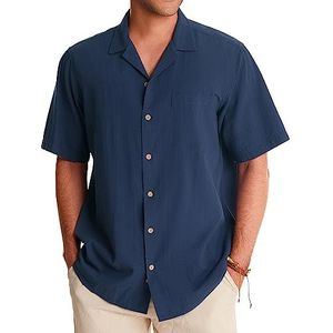 Alimens & Gentle Katoenen linnen herenoverhemden met korte mouwen, button-down shirts, zomer strand Hawaïaans shirt voor heren, Marineblauw, L