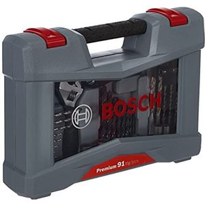 Bosch Accessories91-delig bits/boren Premium X-Line set (betonboor, tegelboor, universeelhouder, dieptestop, ratelschroevendraaier titaan-nitride-laag, in stabiele koffer, Accessoires boor)