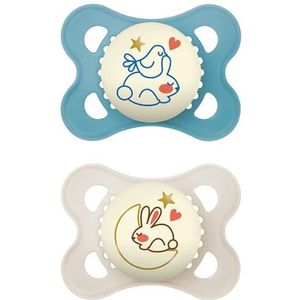 MAM Originele nachtfopspenen | 0-6 maanden | 2 stuks | Glow in the Dark | Wordt geleverd in dummy sterilisator etui | babyaccessoires voor pasgeborenen | blauw/crème (verschillende ontwerpen)