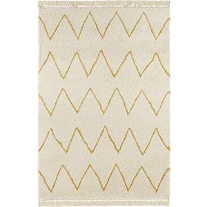 Ruby Vloerkleed, hoogpolig, woonkamertapijt, zacht, pluizig, langpolig, shaggy, flokati, Skandi, zigzag patroon met franjes, voor kinderkamer, slaapkamer, keuken, hal, crème, goud, 160 x 230 cm