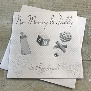 Babykaart met rammelaar voor moeder en papa, katoen, wit