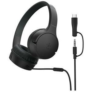Belkin SoundForm Mini Kinderkoptelefoon Bedrade met USB-C naar 3,5 mm adapter, Microfoon, Stickers, max. volume 85 dB – voor online onderwijs, op reis, voor iPhone, iPad, Galaxy, enz. - Zwart