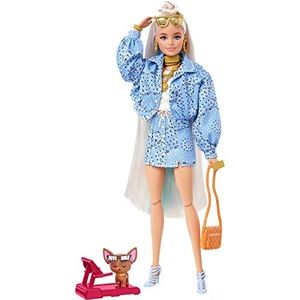 ​Barbie Extra Pop nr.16 in 2-delige outfit van blauwe paisley, met puppy, extra lang haar en accessoires, beweegbare gewrichten, vanaf 3 jaar, HHN08