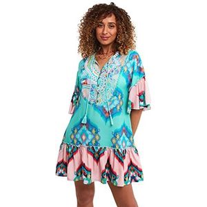 Joe Browns Vrouwen Contrast Print Kwastje Detail Frill Mouw Kaftan Tuniek Jurk Casual, Meerkleurig, 38