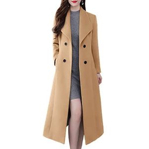 ebossy Dames sjaalkraag dubbele rij knopen onder de knie slanke wollen trenchcoat lange jas, Lichtbruin, M