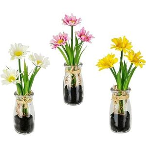 Flair Flower Kunstmatige mini-margerieten in glas, arrangement, madeliefjes, decoratie, decoratieve bloemen, planten, kunstbloem, voorjaarsdecoratie, kunstbloemen, voorjaar, Pasen, paasdecoratie,
