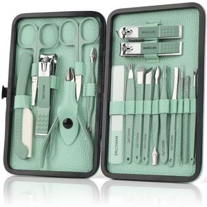 OWill Manicureset, 18 stuks nagelknipper pedicure kit met PU-lederen etui nagelverzorgingsset professioneel gereedschap, cadeau voor vrouwen, vrouw, vriendin, ouders (groen)