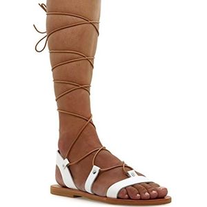 Wit 38 Emmanuela knie-hoge lederen sandalen in oude Griekse stijl, handgemaakte platte gladiator sandalen met open tenen, hoge kwaliteit zomer schoenen voor het vastbinden voor vrouwen