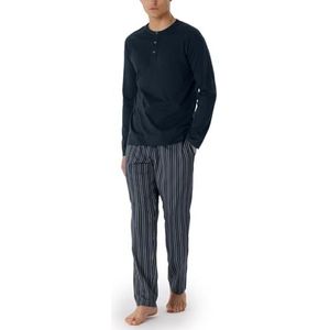 Schiesser Herenpyjama lang met geweven broek en gemercericiseerd katoen en knoopsluiting, premium pyjamaset, nachtblauw, 48, nachtblauw, 48
