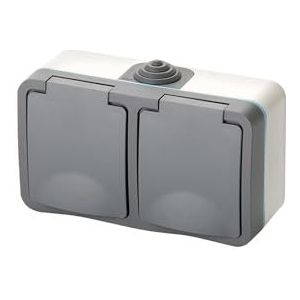 IP54 dubbel stopcontact met luxe oppervlak, waterdicht en stofdicht, ideaal voor binnen en buiten, biedt een veilige elektrische verbinding.