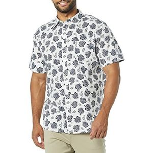 Amazon Essentials Heren Slim-Fit Poplin Shirt met korte mouwen, wit marineblauw palmboom, M