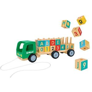 SirWood Bisarca 41604 Vrachtwagen met stapelbare houten dobbelstenen, sleepwagen, letters en cijfers, voor vroege kindertijd
