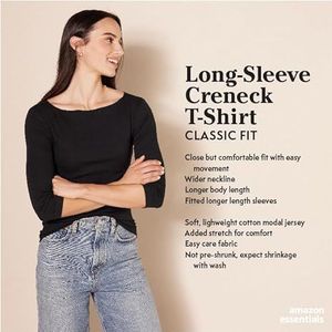 Amazon Essentials Women's T-shirt met lange mouwen en ronde hals in klassieke pasvorm (verkrijgbaar in grote maten), Wit Streep/Zwart, L