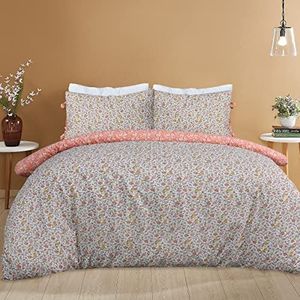 Sleepdown Ditsy Bloemen Oranje Wit Omgekeerd Zacht Gemakkelijk Onderhoud Dekbedovertrek Quilt Beddengoed Set Kussensloop met Ties - King (230cm x 220cm)