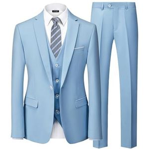 YND Heren Slim Fit 3-delig pak, één knoop, effen jasje, vest broek set met stropdas, Hemel, L