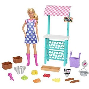 Barbie Boerenmarkt Speelset, Barbie pop (blond), marktkraam, kassa, groenten, brood, kaas en bloemen, geweldig cadeau voor kinderen vanaf 3 jaar, HCN22