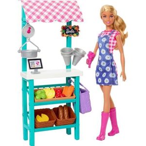 Barbie Boerenmarkt Speelset, Barbie pop (blond), marktkraam, kassa, groenten, brood, kaas en bloemen, geweldig cadeau voor kinderen vanaf 3 jaar, HCN22