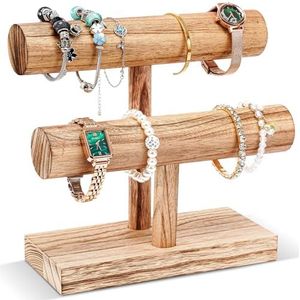 ProCase 2 etages T-vormige armbandhouder van hout, afneembare armbandhouder, sieradenhouder, armbanden, display, vintage armbandstandaard, horlogestandaard, opslag voor armbanden, haarklemmen,