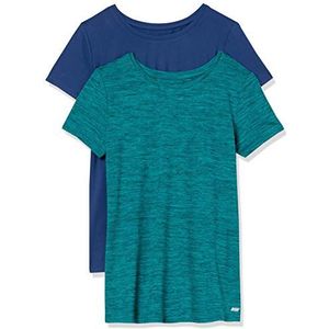 Amazon Essentials Dames Tech Stretch T-shirt met korte mouwen en ronde hals (verkrijgbaar in grote maten), 2-Pack, Blauw/Blauwgroen Ruimteverf, XS