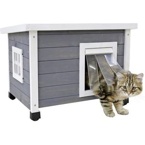 Kerbl Rustica kattenhuis (houten kattenhuis, wit/grijs, draaideur met lamellen, plexiglas raam, in hoogte verstelbare kunststof poten, kattenvilla) 80991