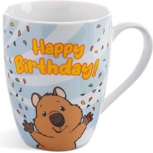 Porseleinen mok ""Happy Birthday!"" 310 ml 10x8cm blauw met banderol - Theekop Koffiekop met handvat voor koude en warme dranken - Geweldig cadeau-idee