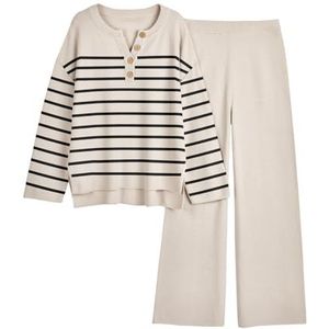 LILLUSORY Mode Jurken 2 stuks oversized slouchy 2022 winter gecoördineerde woonkamer set comfortabele gebreide trui home pullover set, strepen abrikoos, 36