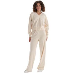 Dagi Dames Regular Taille Label Gedetailleerde Brede Pijpen Fluwelen Broek Pyjama Bottom, Ecru, M