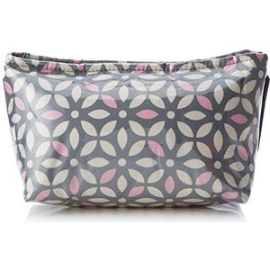 Sanjo make-uptas met ritssluiting en binnenzak met ritssluiting. Grijs geïnspireerd met geometrisch bloemenpatroon, roze/crèmekleurig PVC-gecoate stof, afwasbaar. Maat: L (UK), ritssluiting boven