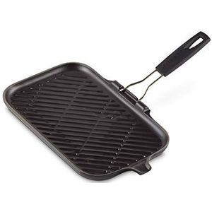 Le Creuset Geëmailleerde gietijzeren grote rechthoekige grillpan, met inklapbare handgreep, voor vetarm koken op alle soorten kookplaten, inclusief inductie, 24 cm, satijnzwart, 200490000